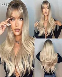 Perucas sintéticas Henry Margu longo ondulado com bang ombre marrom loiro cabelo natural para mulheres cosplay festa resistente ao calor wig3381781