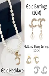 Pearl Necklace Designer Jewelry Set Pendant Necklaces Stud Earrings Diamond crystal Gold Silver Fashion Link Chain Mini Size Stud 1859663