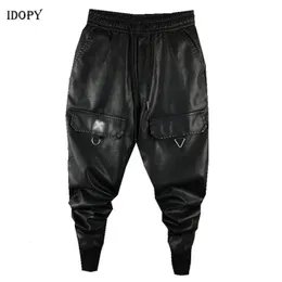 Idopy Men's Faux Leather Harem bants realtring مرنة الخصر على غرار الشارع الهيب هوب الكاحل Pu Leater joggers بنطلون الذكور 231226