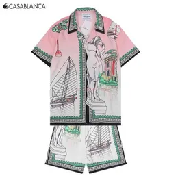 Camisas casa designer moda roupas camisas fatos de treino 2023 nova casablanca escultura grega veleiro impressão camisa de manga curta conjunto para homem