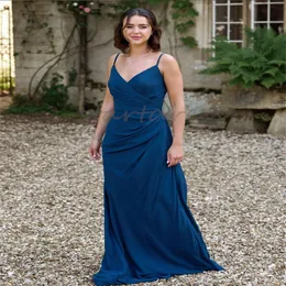 Marineblaues Boho-Brautjungfernkleid, sexy Spaghettiträger, Etui-Chiffon, Hochzeitsgastkleid, Damen, rückenfrei, langes Trauzeugin-Kleid auf dem Land, elegante Promdess 2024