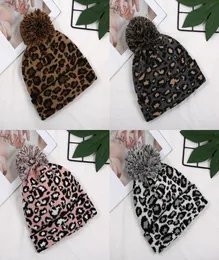 Leopard Print Knit Cap Women Pom Pom Ears Winter Warm Hat Beanie DoubleLayer Wool Ball Caps 4 Styles6386688