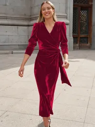 Casual Dresses Women Party Wear Red Velvet Midi Long Sleeve Dress Ladies Pink Black Burgundy Crushed Formal