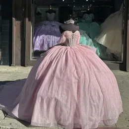 Luxus Rosa Schatz Prinzessin Ballkleid Quinceanera Kleider Perlen Strass Weg Von der Schulter Vestidos De 15 Jahre
