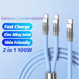 100W 6A Type C Super Fast Charge Liquid Silicone Cable 2 in 1 USB C Cable Dual USB A To Type C Data Wire Cord for Samsung Xiaomi