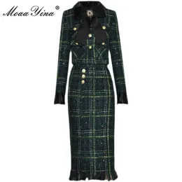Moaayina 패션 디자이너 Winter Plaid Tweed Skirts Suit Women 's Bow Beading Long Sleeve Jacket Tassel Skirt Set 231225