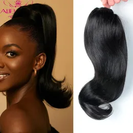 Aliballad Tail Warping Drawstring tail Human Hair 12 18" Straight Hairpiece Two Comb Brazilian Natural Black 231226