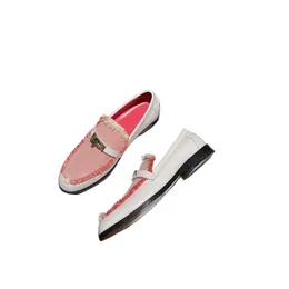 Leather latch canvas loafers women in a pair of new spring 2024 round-headed color flat small leather shoes