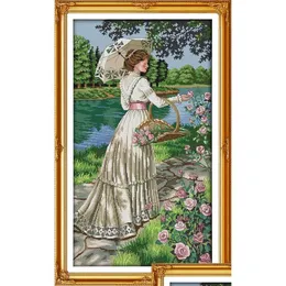 Artesanato Ferramentas Colhendo Flores Beautif Girl Decor Pinturas Handmade Cross Stitch Bordado Bordado Conjuntos Contados Impressão em Canvas Dm Dhsfx