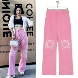 Capris Women High Waisted Hollow Patch Logo Embroidered Decoration Pink Straight Casual Pants