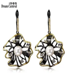 DreamCarnival 1989 Lotus Flower Earrings Hollow Created Pearl CZ Black Gold Color Hip Hop Pendientes tipo gota Parties Jewelries 25160717