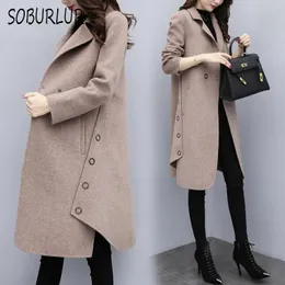 Blends Frauen Woolen Mantel Casual Midlength Mantel 2021 Herbst Winter Neue Koreanische Lose Langarm Jacke Taste Tasche Wolle Mantel mode