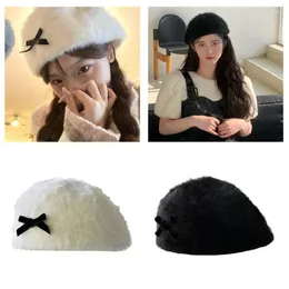 Basker bowtie plysch hatt för kvinnor päls päls flicka kupol söt målare vinter varma huvudkläder droppar