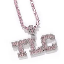 Pink Baguette Solid Letters Custom Name Halsband hänge med tenniskedja Iced ut personliga smycken252e