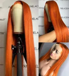 Длинный прямой оранжевый цвет прозрачный кружевной фронтальный парик 13x4 бразильские синтетические волосы из натуральных волос для черно-белых женщин косплей3949421