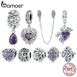 Boxes Bamoer Sterling Silber Purple Shining Stone Collection Charms Love Drop Anhänger, passend für Charm-Armbänder, Vintage-Muster-Perlen