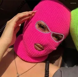 Beanieskull bonés brilhando diamante balaclava máscara facial feminino rosa esporte malha velo esqui para três buracos chapéu brilhante strass davi5185935