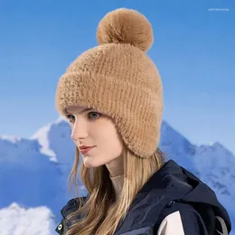 Berretti invernali da donna berretti in pelliccia pompon in maglia spessa berretti berretti cappelli con paraorecchie paraorecchie per le donne