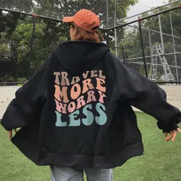 Resa mer oro mindre tillbaka tryckta blixtlås hoodies hip hop y2k huva streetwear för kvinnor män mode zip-up tröjor toppar