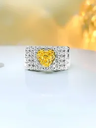 Cluster Rings Love 925 Pure Silver Yellow Diamond Broken Cut Ring Set med högt kol mångsidigt