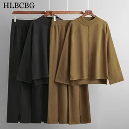 hlbcbg2ピースセット女性編みトラックスーツタートルネックセータールーズスリットパンツプルオーバーセーターセットシックニットアウトウェア231226