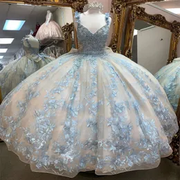 Glitter céu azul quinceanera vestido 2024 mexicano applique rendas contas florais doce 15 vestido de lantejoulas vestidos para festa de aniversário xv