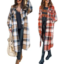 Stijl Vrouwelijke Overjas Herfst Lange Shirts Jassen Plaid Turn Down Kraag Mouw Wollen Jas voor Dames 231225