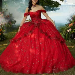 Luxury Red Shiny Quinceanera Dress 2024 Ball Gown Princess Chapel Train Flower Applique Sweet 15 16 Födelsedagsfestklänning Pageant Miss