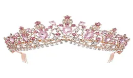Свадебная тиара в стиле барокко, розовое золото, розовый кристалл, корона с расческой, вуаль для выпускного вечера, повязка на голову, свадебные аксессуары для волос 2110065233209