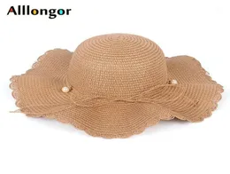 New 2020 Straw hats Women Summer Bow Pearl Wide Brim chapeu pescador femme Beach Sun Hat summer cap sombrero mujer playa15017814