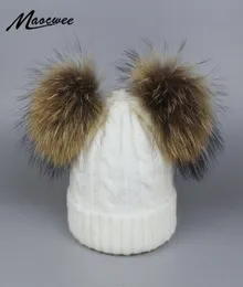 Real Fur Winter Hat Raccoon Two Pom Pom Hat For Women Brand Thick Women Hat Girls Caps Knitted Beanies Cap Whole 2018 New D1816352824