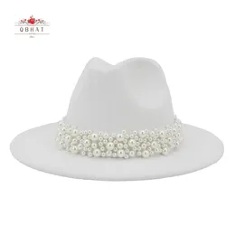 Jazz-Fedora-Hüte mit Perlenband für Damen, weiße gefilzte Oberkappe, trendige breite Krempe, Kirche, Party, weibliches Kleid, Hut im Freien, Sonnenhut 231225