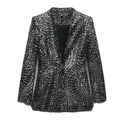 Women's Suits Fashion Women Shiny Sequined Blazer Collarless Jacket For Evening Long Sleeves Suit Female Casual Outwear Coat Korean