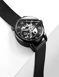 Más vendidos Diseño de esqueleto Relojes mecánicos negros Hombres Banda de malla de acero inoxidable Reloj impermeable Reloj masculino Reloj de pulsera 9264716