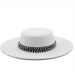 Large Wide Brim Faux Wool Pork Pie Boater Flat Top Fedora Hat with Rivet Pearls Black White Party Panama Trilby Cowboy Cap7144108