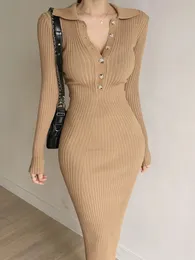 Winter Vintage Knitted Dress Women Turn-down Collar Elegant Solid Midi Dress Female Korean Fashion Chic Party Dress 231226