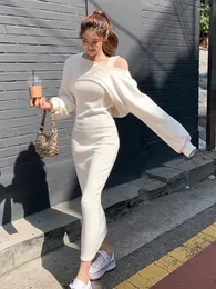 Arbetsklänningar Autumn Winter 2023 Elegant Two Piece Set Women Outfits Korean Fashion Casual Loose Pullover Top Slim Long Dress Suits
