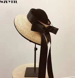 Chapéu de sol feminino flexível com laço longo fita preta vazio viseira chapéu de palha senhora verão aba larga praia boné chapeau femme ete2537428