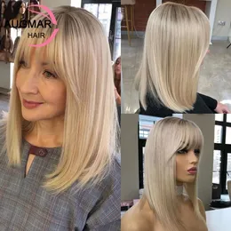 13x4 warme blonde Highlight-Bob-Perücke, Spitzenfront-Echthaarperücken mit Pony, vorgezupft, kurz, gerade, 13x6 HD-Frontal, 231226