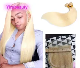 Brazilian Human Virgin Hair Silky Straight 2 Bundles With 5X5 Lace Closure Blonde 613 Color Double Wefts With Closures Middle Thr3226484