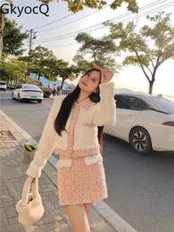 GkyocQ Fall Women Two Piece Sets Sweet Fashion Suit Small Perfume Long Sleeve Lapel Collar Jacket Tweed Spliced Skirt 231225