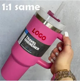 Com garrafas de água logotipo rosa rosa 40oz copos de aço inoxidável lidar com tampa e palha grande capacidade canecas de cerveja em pó copo de acampamento isolado a vácuo beber B1226