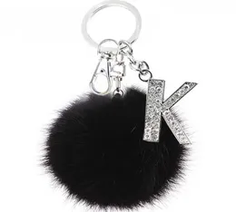 Teh Y Black Pompom Faux Rabbit Fur Ball Keychains Crystal Letters 키 링크 키 홀더 트렌디 한 보석 가방 액세서리 선물 G10199597280