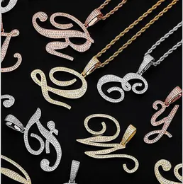14K glacé nouvelle grande taille lettres d'écriture cursive collier pendentif lettres AZ solide zircone pendentif collier avec corde de 3 mm 24 pouces Ne3595819