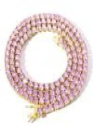 Collier chaîne tennis solitaire 4 mm finition or argent diamants de laboratoire rose violet 1824039039 1 rangée de diamants zircone Bling Te5343415