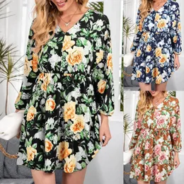 Vestidos casuais vestido de verão mulheres praia leve manga floral impressão solta primavera mulheres longo v pescoço túnica para