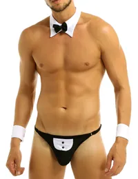 Sexy Mens Waiter Lingerie Set T-Back Tuxedo Costume G-string Thong Jockstraps Gay Male Underwear with Bow Tie Collar Wrist Cuff 231226