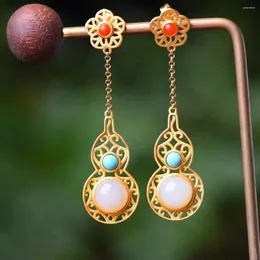 Dangle Earrings S925 Sterling Silver Inlaid Hetian Jade Ear Studs 장식 South Red Turquoise Fu Lu Female Gourd Style Treasure