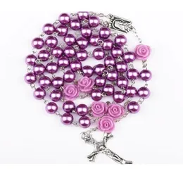 10Pcs Fashion Religious Simulated Pearl Beads Purple Rose Catholic Rosary Necklace Women Long Strand Necklaces Jesus Jewelry Gift 6630232