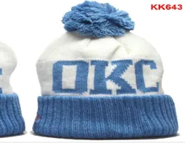 OKC Beanies Cap Wool Warm Sport Knit Hat Basketball Striped Sideline USA College Cuffed Pom Hats Män kvinnor Bonnet Beanie Skull Cap2976128